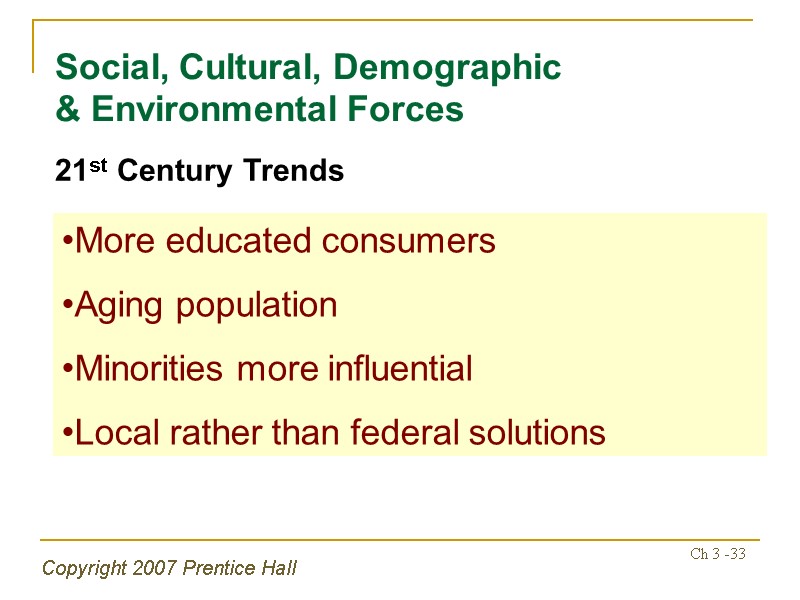 Copyright 2007 Prentice Hall Ch 3 -33 Social, Cultural, Demographic & Environmental Forces 